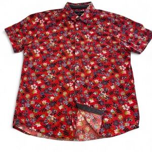 Nickel & Iron Mens Large Red Floral Short Sleeve Button Down Cotton Shirt L